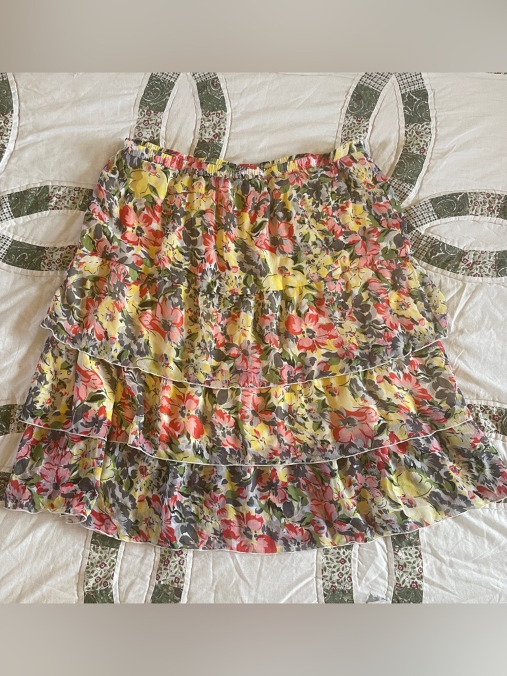 VTG Y2K Notations Floral Tiered Skirt in Yellow, Coral & Olive Size XL